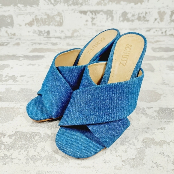 NEW Schutz Callie Blue Velvet Crossover Heeled Mule Sandals F653 - Picture 2 of 12